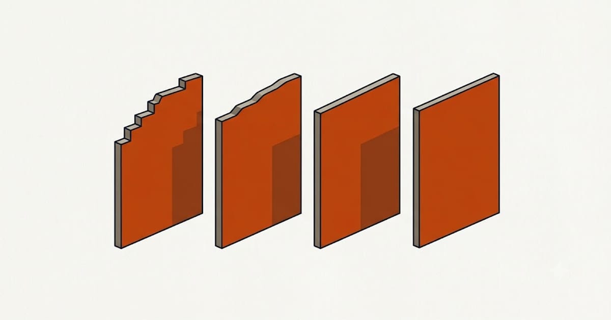 Wall sections finished to increasing levels of smoothness